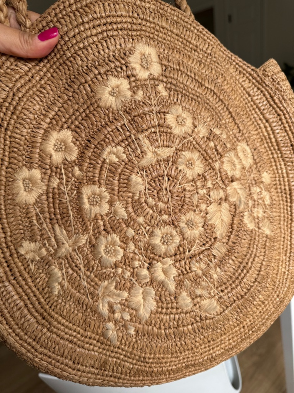 Sezane June Basket Natural Round Raffia Woven Tote Floral Embroidery - Picture 4 of 10
